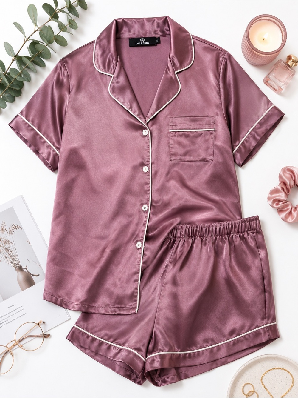 Lillusory Satin Pajama Set Women’s Small Mauve Pink Short Sleeve Button Front